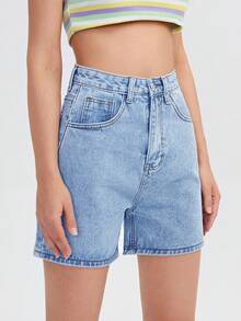 SHEIN EZwear 女式宽松休闲百搭牛仔短裤，带口袋 - 淺色水洗藍 - 查看 3