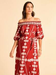 CAJUNI Blus Wanita Modis dengan Motif Geometris, Model Bahu Terbuka, dan Lengan Lentera - Merah - View 7