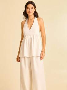 CAJUNI Women's V-Neck Solid Color Halter Tie Blouse-Fall Clothes For Women/Basic Tops - White - View 3