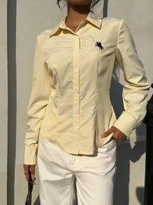 SHEIN EZwear Women's Autumn Outing Clothing New Style Embroidered Horse Cream Yellow Stripes Waist Decoration Slim Long Sleeve Shirt,Tops For School   Suitable For Daily Wear,Fall Tops