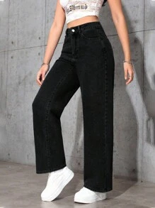 SHEIN ICON 女士口袋宽松阔腿休闲百搭牛仔裤