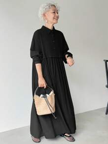 FRIFUL Women's Black Shirt Collar Drop Shoulder Long Sleeve Pleated Loose Casual Versatile Maxi Dress,Autumn Modest Mother Office Business Autumn/Winter - Black - View 6