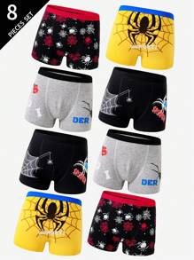 8 件/包 青少年男孩舒适蜘蛛印花棉质内裤，返校时尚青少年男孩平角裤 返校时尚 - 彩色 - 查看 3
