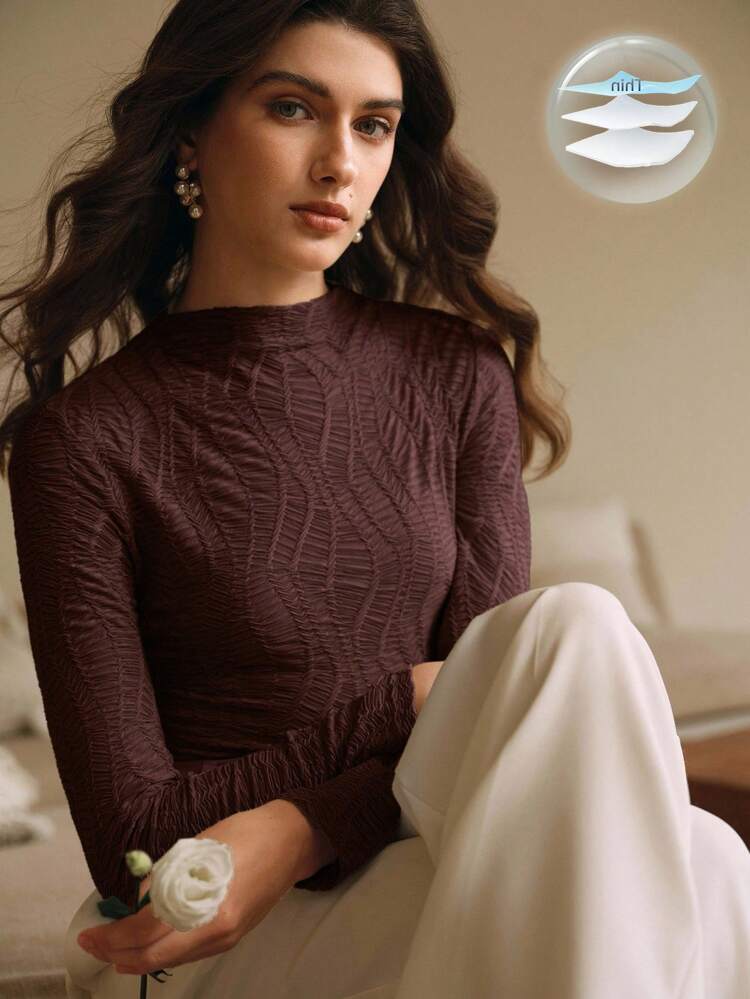 Anewsta Essential Anewsta Women's Elegant Fitted Textured Crinkle Casual Vacation Long Sleeve Commute Slim Fit Brown Round Neck Long Sleeve T-Shirt, Spring