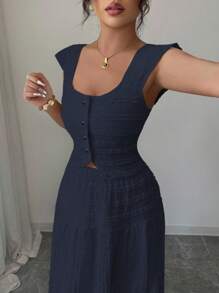 Elenzga Damen romantisches, elegantes Set aus einfarbiger Bluse und Rock, Sommer