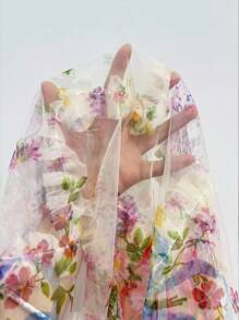 Elenzga Gaun Wanita Elegan Romantis Model Mengembang, Tanpa Lengan, Leher V, Pinggang Terikat, Bahan Jaring Kasa Bermotif Bunga - MultiWarna - View 8