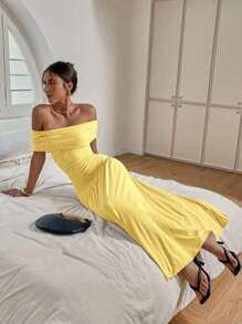 Siren Gaze 女士优雅纯色露肩长裙 - 淡黃色 - 查看 5