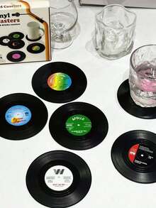 SHEIN 6 buc suporturi de pahare pentru discuri de vinil, pernă antiderapantă rezistentă la căldură, model vintage clasic retro american rock cu muzică CD, pernă izolatoare, decor pentru casă/