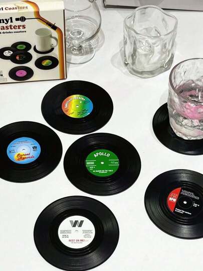 SHEIN 6pcs Vinyl Record Coasters, Creative Vintage Classic Retro American Rock Music CD Non-Slip Heat-Resistant Pad, Insulation Cushion, Home Decor/