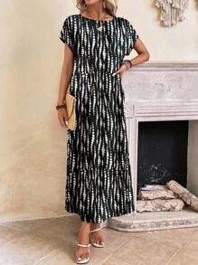 EMERY ROSE Casual Vintage Tie-Dye Pattern Dress For Women, Versatile Spring/Summer Outfit For Teachers Back To School - Multicolor - View 2