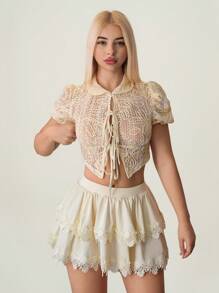 Sweetina Summer Elegant Jacquard Tie-Up Puff Sleeve Top & Lace Trim Cake Skirt Set - Apricot - View 1