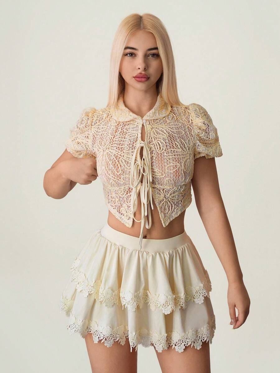 Sweetina Summer Elegant Jacquard Tie-Up Puff Sleeve Top & Lace Trim Cake Skirt Set - Apricot - View 1