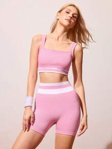 CourtClass 2pcs/Set Moisture-Wicking Racerback Tank Top And Shorts Set, Contrast Color Design, Basic Style, Workout, Yoga, Seamless - Multicolor - View 4