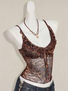 SHEIN ICON 女士豹纹蕾丝边 V 领吊带背心，性感 Y2K 风格 - 彩色 - 查看 8