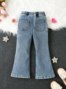 SHEIN Quần jeans ống loe thêu họa tiết ngôi sao năm cánh hai lớp màu xanh nhạt, giản dị, dễ thương, vui tươi dành cho bé gái, vải tổng hợp chải mỏng, thoải mái khi mặc hàng ngày, đơn giản và thời trang, đa năng - Rửa tối - Xem 2