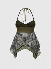 ROMWE Camiseta de mujer de cuello halter con estampado completo de malla y mariposas en estilo fairycore 2 en 1 - Multicolor - Ver 2
