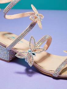 Mini mi 女童水晶镶嵌 3D 蝴蝶螺旋踝带粗跟香槟色闪光连衣裙凉鞋 - 价格实惠，适合角色扮演 - 香檳色 - 查看 2