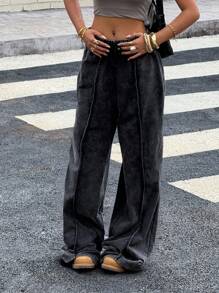 Muchica 女秋季新款高腰松紧腰运动阔腿裤（做旧黑灰）秋冬款适合日常出街穿 - 黑色 - 查看 1