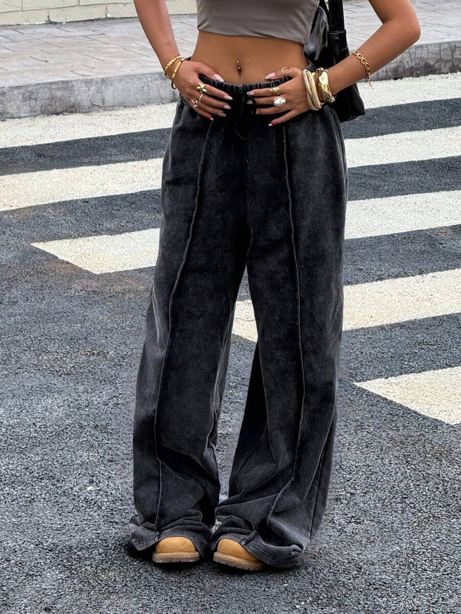 Muchica 女秋季新款高腰松紧腰运动阔腿裤（做旧黑灰）秋冬款适合日常出街穿 - 黑色 - 查看 1