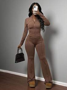 Slaydiva 2025 夏秋新款休闲简约棕色修身前开长袖侧拉链口袋T恤+高腰喇叭裤女两件套，适合日常旅行、返校、毕业、早午餐装、机场装、派对聚会、节日、旅行，简约、百搭、休闲-A - 棕色 - 查看 5