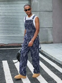 Manfinity EMRG Men's Loose Fit Straight Leg Denim Bib Overalls, Light Blue, Spring/Autumn