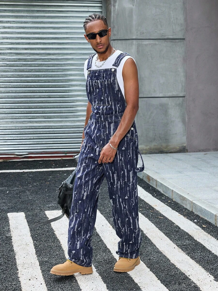 Manfinity EMRG Men's Loose Fit Straight Leg Denim Bib Overalls, Light Blue, Spring/Autumn