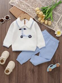 SHEIN Playful Pals 2pcs Baby Boy Casual Sweater Co-Ord Set - White Sweater With Toy Car Pattern + Knitted Blue Pants, Soft & Comfortable For Daily, Outing, Travel, Holiday, Home, Daycare, And Play Fall Winter - Blue and White - View 3
