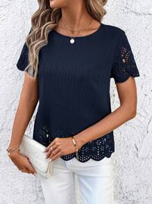 SHEIN Clasi Women's Casual Solid Color Short Sleeve Burnout Shirt, Spring/Summer - Navy Blue - View 5