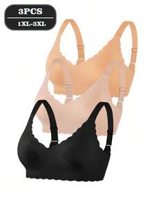 SHEIN 3件套大码女士纯色弧形下摆休闲文胸套装 - 彩色 - 查看 5