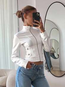 CovetEZ Áo khoác nữ đơn giản, màu trơn, có khóa kéo, dáng ôm, thích hợp đi làm, phù hợp với mọi dịp, quần áo nữ, trang phục đi học thập niên 2000, phong cách đồng quê, quần áo vintage nữ, phong cách "giàu có cổ điển", áo kiểu công sở, áo dự tiệc tối, áo hẹn hò mùa thu/đông. - Màu Khaki - Xem 1