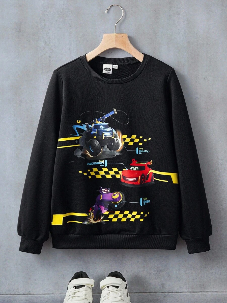 Batwheels X SHEIN Tween Boy Casual Everyday Car Print Crew Neck Sweatshirt Boys Sweatshirts Graphic Sweatshirts Graphic Hoodies Boys Race Car Clothes Car Graphic Sweatshirt