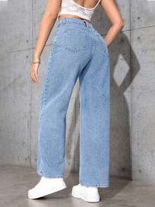 SHEIN PETITE Women's Pocket Button Casual Versatile Commute Loose Fit Denim Wide Leg Pants - Light Wash - View 2
