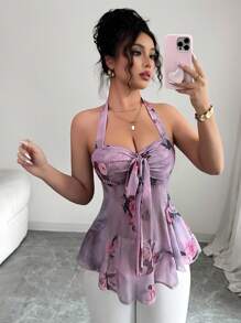 Selianne 女式夏季细肩带松紧腰休闲度假花卉印花透明网眼露背吊带背心 - 彩色 - 查看 3