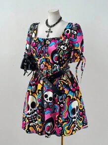 Sunspun Halloween Y2K Dark Skull Skeleton Subculture Short Sleeve Dress - Multicolor - View 7