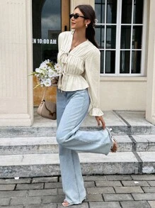 SHEIN Frenchy قميص نسائي كاجوال لليومية بأكمام طويلة وأربطة بسيطة - لون مشمشي - مشاهدة 6
