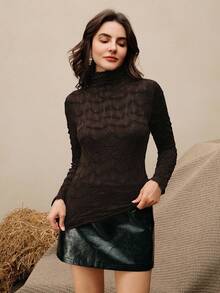 Anewsta Women's Elegant Textured Turtleneck Slim Fit Long Sleeve T-Shirt - Coffee Brown - View 5