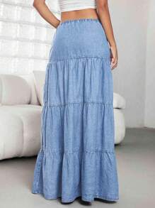 Jeanoix High Waist Denim Skirt, New Summer Ruched Waist Drawstring Casual Maxi Skirt - Light Wash - View 2