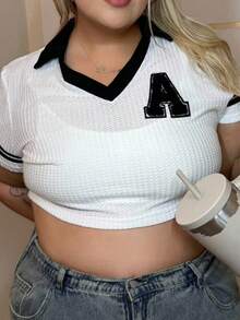 magalhaesca Plus Letter Patched Striped Trim Crop Tee, Summer - White - View 3