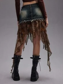 ROMWE Grunge Punk Váy denim mini dây rút họa tiết hoa Y2K Retro Punk Grunge viền bất đối xứng viền bèo nhún vát cho nữ - Nhiều màu - Xem 7
