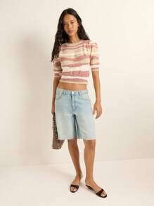 Nöista Women's Retro Mauve Cream Swirl Print Sweater,Cute Puff Sleeves Comfy Cropped Fit,Pink And White Striped,Summer,Casual,Everyday Business Casual Style - Multicolor - View 4