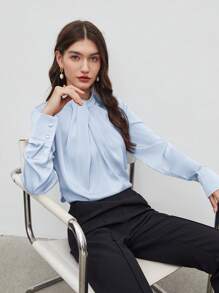 BizChic Top Feminina com Gola Alta Pequena, Design Assimétrico, Decoração Plissada, Ajuste Solto, Top de Manga Longa, Elegante Minimalista Casual para Ir ao Trabalho, Encontro, Uso Diário, Férias, Dia da Independência, Temporada de Formatura, Festival de Música, Emagrecedor, Elegante, Versátil, Premium, Verão, Social, Feriado, Festa, Passeio, Praia, Escritório, Vintage Francês, Fresco - Azul Empoeirado - Visão 7