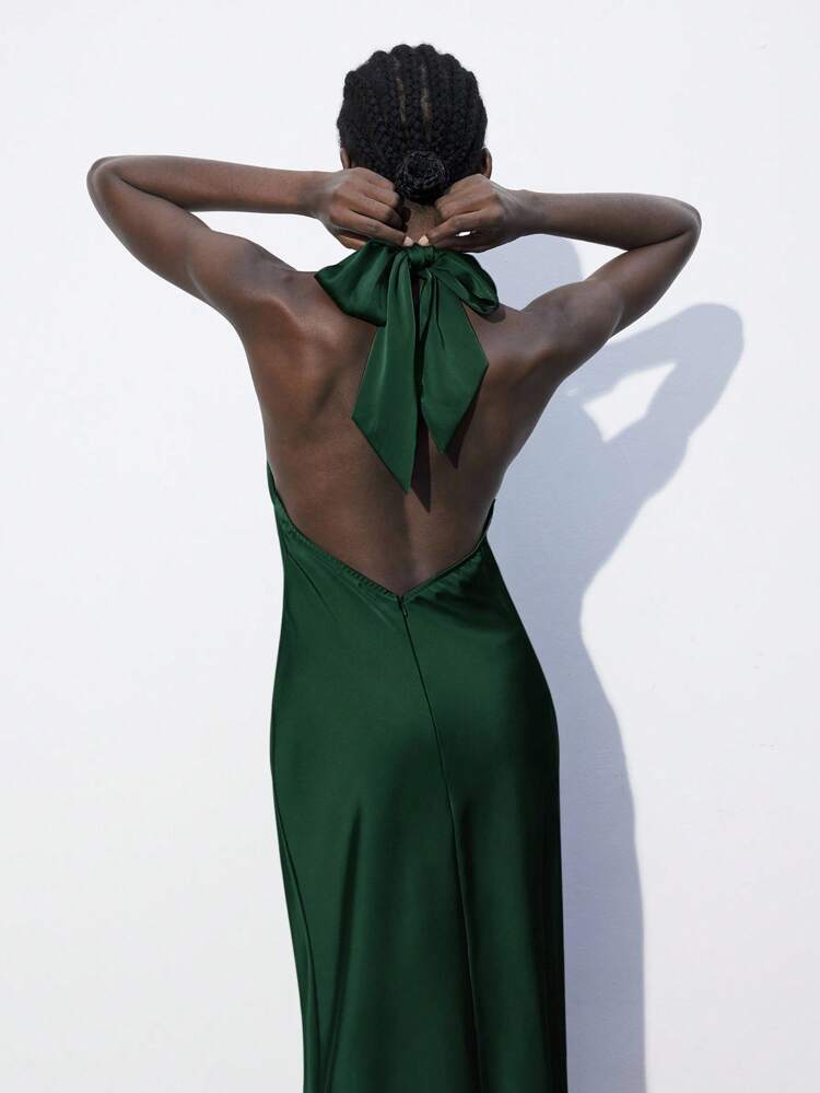 SHEIN Maija Vestido elegante sin espalda con cuello de corbata, diseño urbano moderno, verde oliva