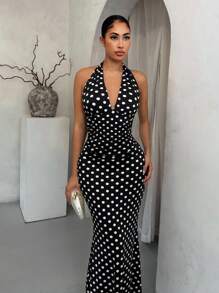 SHEIN SXY 黑白波点优雅挂脖鱼尾下摆连衣裙 - 黑與白 - 查看 3