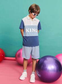 SHEIN 青少年男孩休闲拼布撞色 Polo 衫和短裤套装 - 藍色 - 查看 3