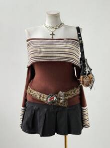 Sunspun Damen Große Größen Lässig Urlaubs Western Street Chic Farbblock gestreifter Umschlag-Schulter Figurbetonter Pullover, Herbst Strick Pullover Herbst Winter Vintage - Braun - Übersicht 2