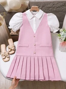 Tween Girl Puff Sleeve Pleated 2 In 1 Dress, Suitable For Casual Wear Back To School - Pink - View 2