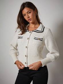 COSMINA Women's Contrast Color Striped Metal Button Thin Cardigan, Autumn/Winter - Black and White - View 1