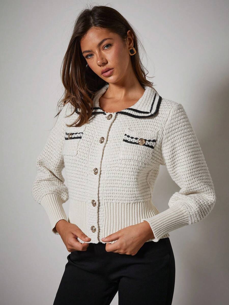 COSMINA Women's Contrast Color Striped Metal Button Thin Cardigan, Autumn/Winter - Black and White - View 1