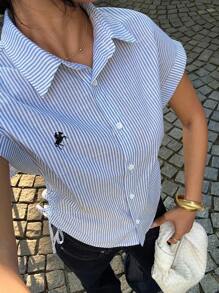 SHEIN EZwear Damen Blaues gestreiftes Fledermaus-Muster Kurzarm Shirt