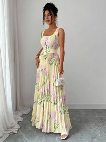 Elenzga 方领腰部收紧褶裥下摆郁金香印花连衣裙